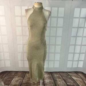 Capsulle Gold Metallic Halter Open Back Sleeveless Midi Bodycon Dress Large